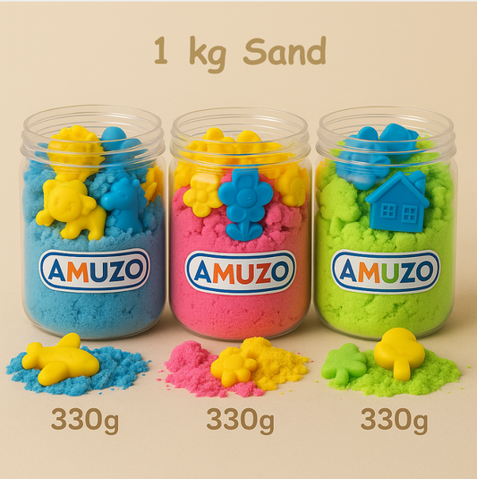 3 jars of 1 kg kinetic sand. Green, blue and pink sand.