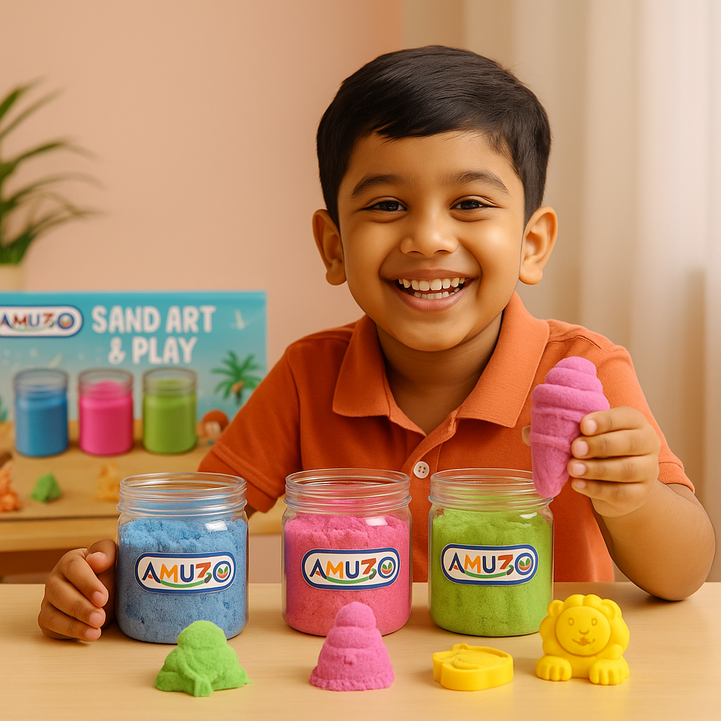 Boy playing with colorful sand and molds from the Amuzo Sand Art and Play Kit on a wooden table, engaged and focused