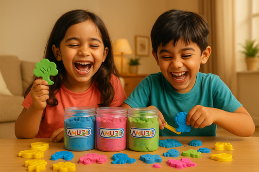 Child playing with colorful sand and molds from the Amuzo Sand Art and Play Kit on a wooden table, engaged and focused
