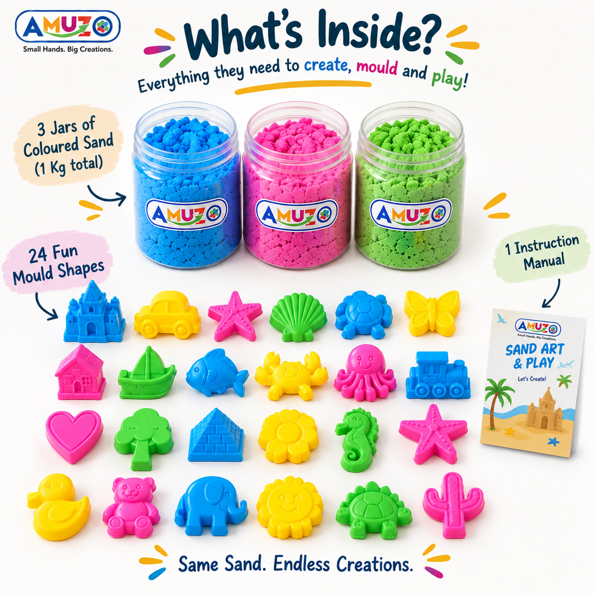 Sand Art and Play – 3 Colors kinetic sand | 24 shapes | 1kg kinetic sand