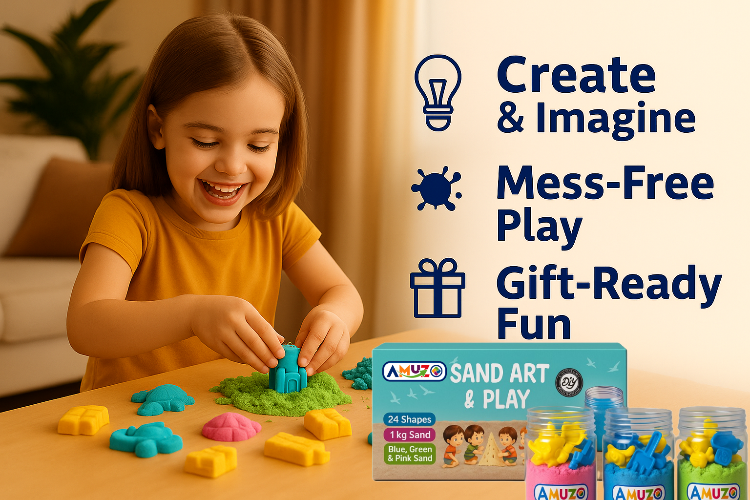 Girl playing with colorful sand and molds from the Amuzo Sand Art and Play Kit on a wooden table, engaged and focused